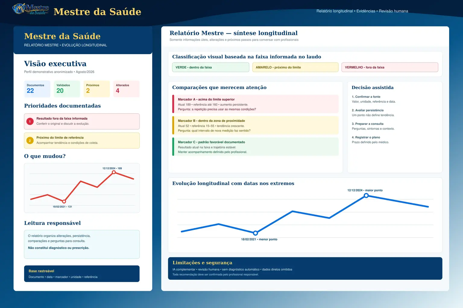 Dashboard de relatório do Mestre da Saúde, com dados demonstrativos anonimizados